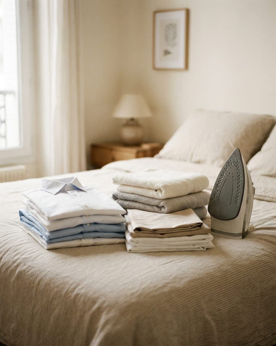 Chemises, draps et serviettes repassés et pliés sur un lit, fer à repasser posé à côté