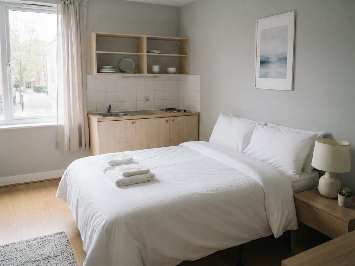 Studio meublé prêt pour le voyageur : lit au linge blanc, serviettes pliées, kitchenette