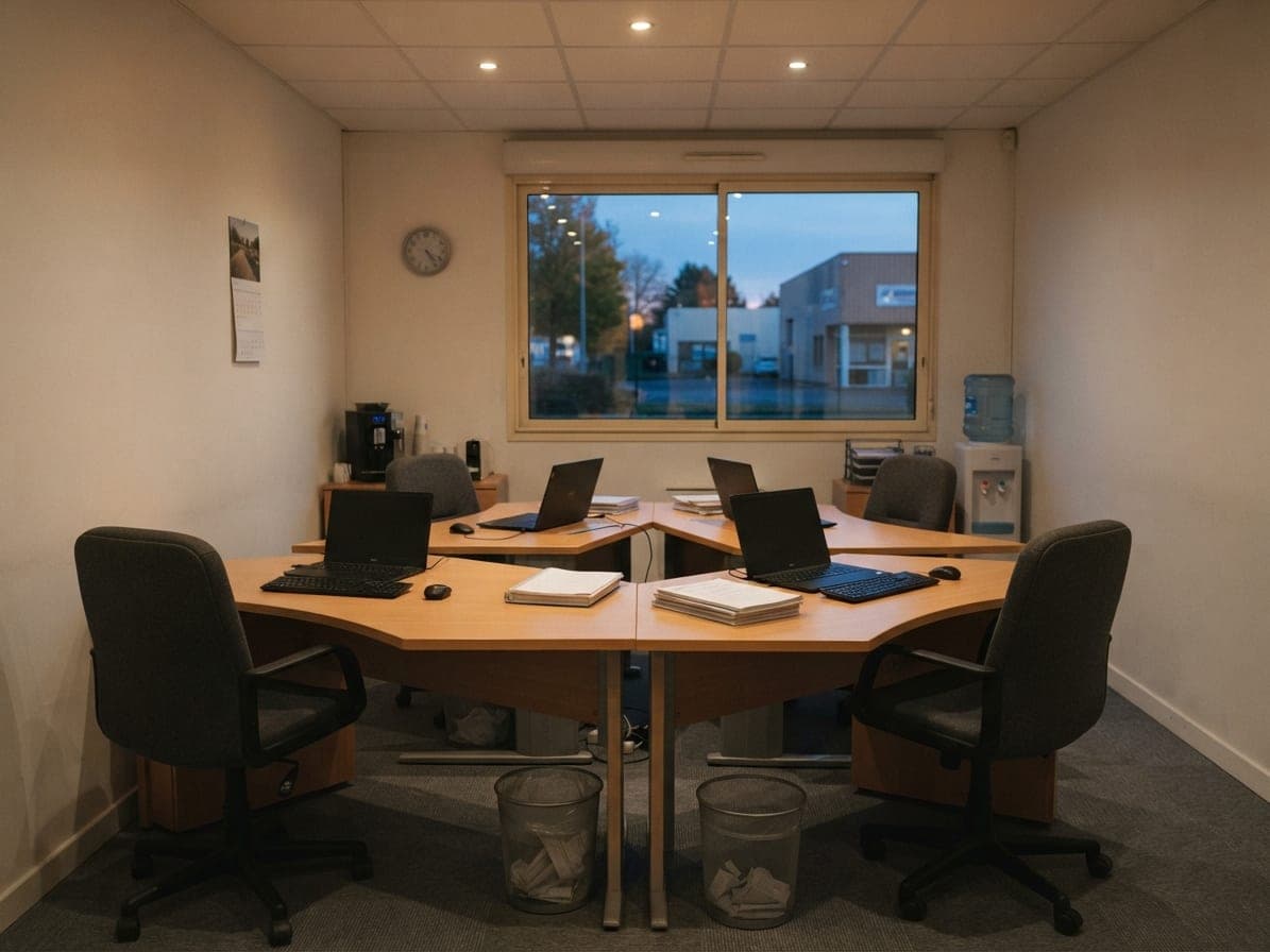 Petit bureau rangé en fin de journée : plateaux de travail dégagés, fauteuils noirs, poubelles vides