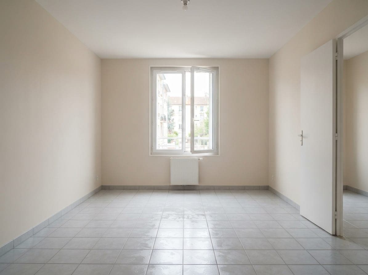 Pièce vide aux murs clairs et au carrelage lavé, fenêtre sur les immeubles voisins